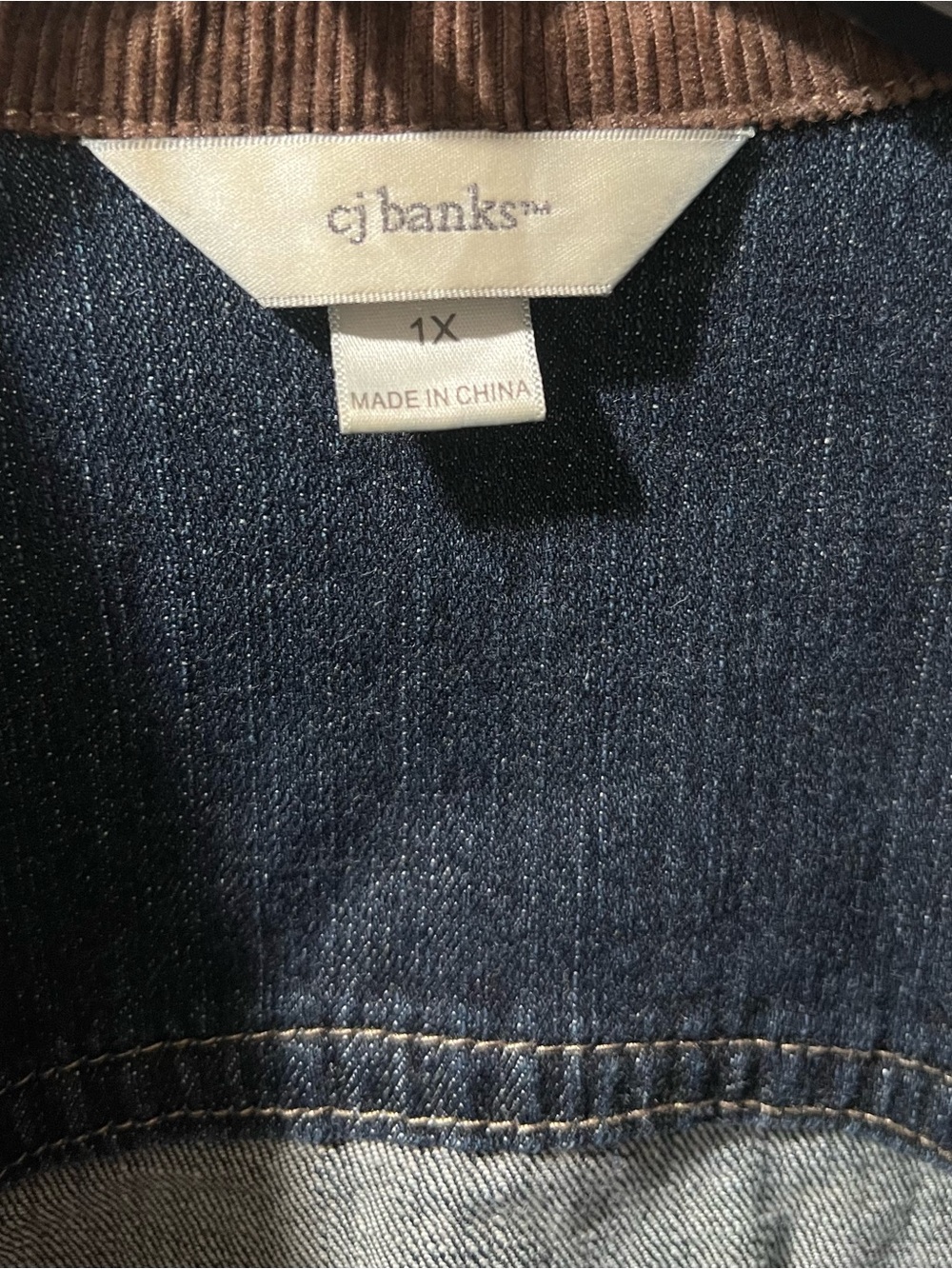 CJ Banks Dark Blue Denim Jacket with Brown Corduroy Trim - Picture 2 of 4